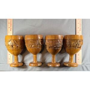 Vintage Hand Carved Wood Goblets Set of 4 Philippines Tiki Tropical Barware
